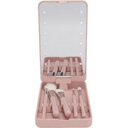 Travel Makeup Brush Set with Rotating and Foldable LED Mirror